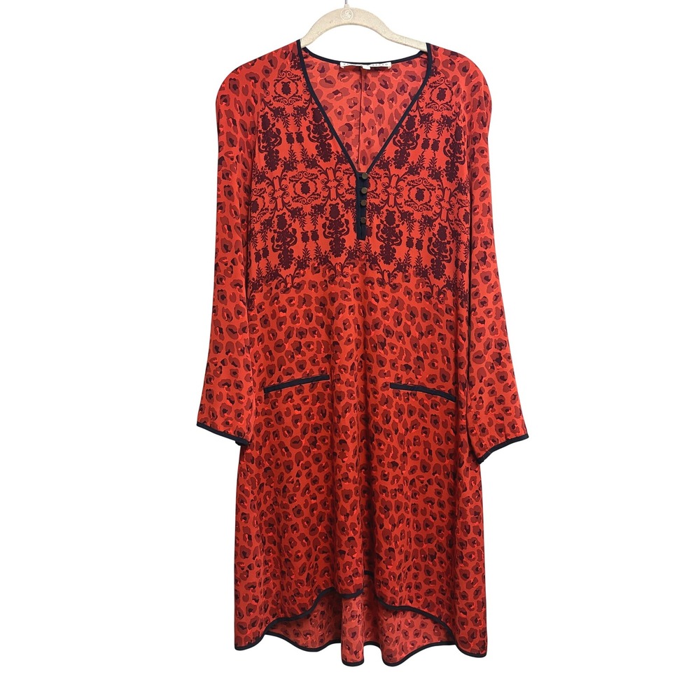 Veronica Beard Silk Leopard Print Henley Shift Dress‎ Red Orange 1